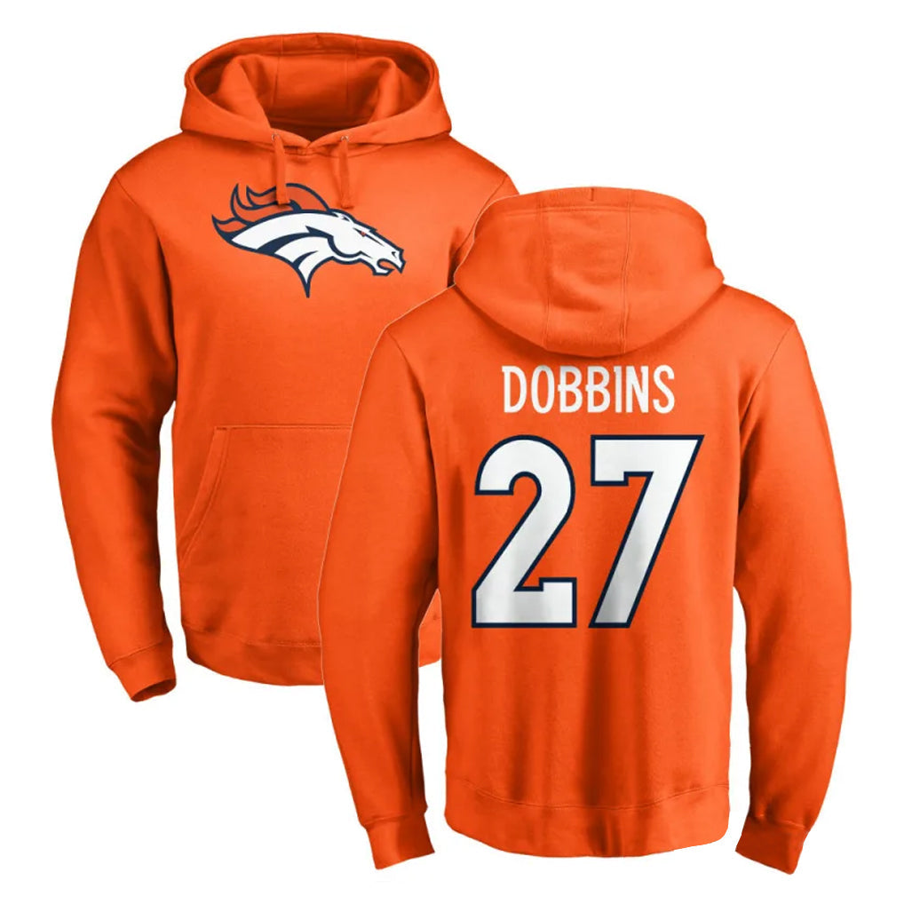 Punc D.Broncos #27 J.K. Dobbins Player Orange Pullover Hoodie Limited Stitched Jerseys