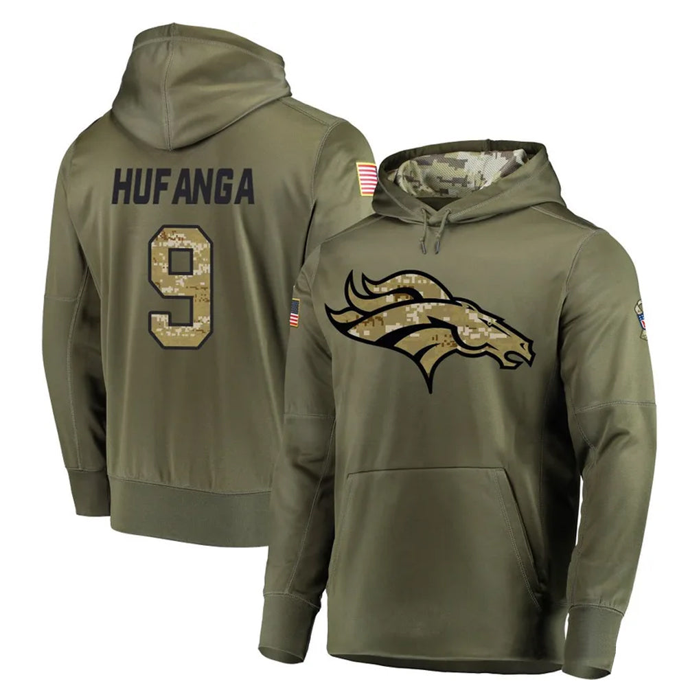 Punc D.Broncos #9 Talanoa Hufanga Player Olive Salute to Service Pullover Hoodies Home Game Stitched Jerseys
