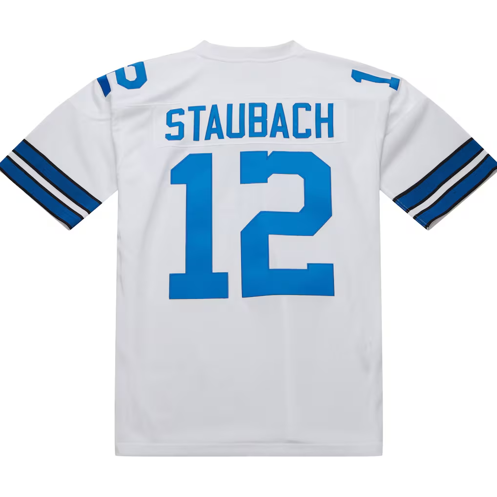 Punc D.Cowboys 1975 #12 Roger Staubach Mitchell & Ness White Authentic Throwback Retired Player Stitched Puhic  Jersey