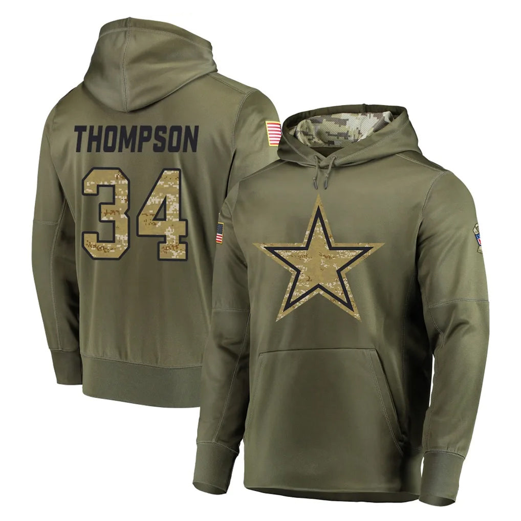 Punc D.Cowboys #34 Jalen Thompson Player Olive Salute to Service Pullover Hoodies Home Game Stitched Jerseys