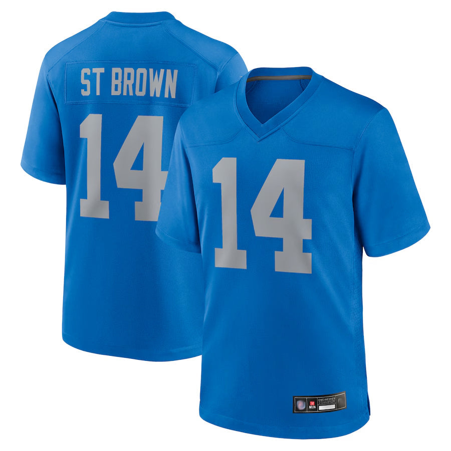 Punc D.Lions Alternate Game Stitched Jerseys Throwback - Blue - #14 Amon-Ra St. Brown Player