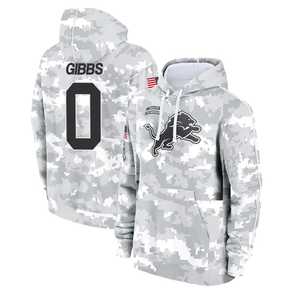 Punc D.Lions #0 Jahmyr Gibbs Player Arctic Camo Salute to Service Hoodies Limited Game Stitched Jerseys