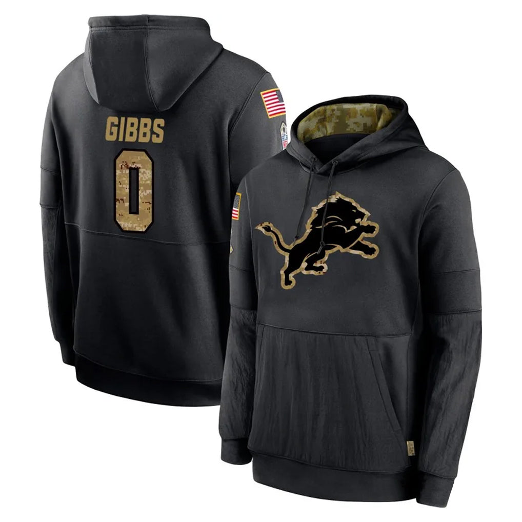 Punc D.Lions #0 Jahmyr Gibbs Player Black Salute to Service Hoodies Limited Game Stitched Jerseys