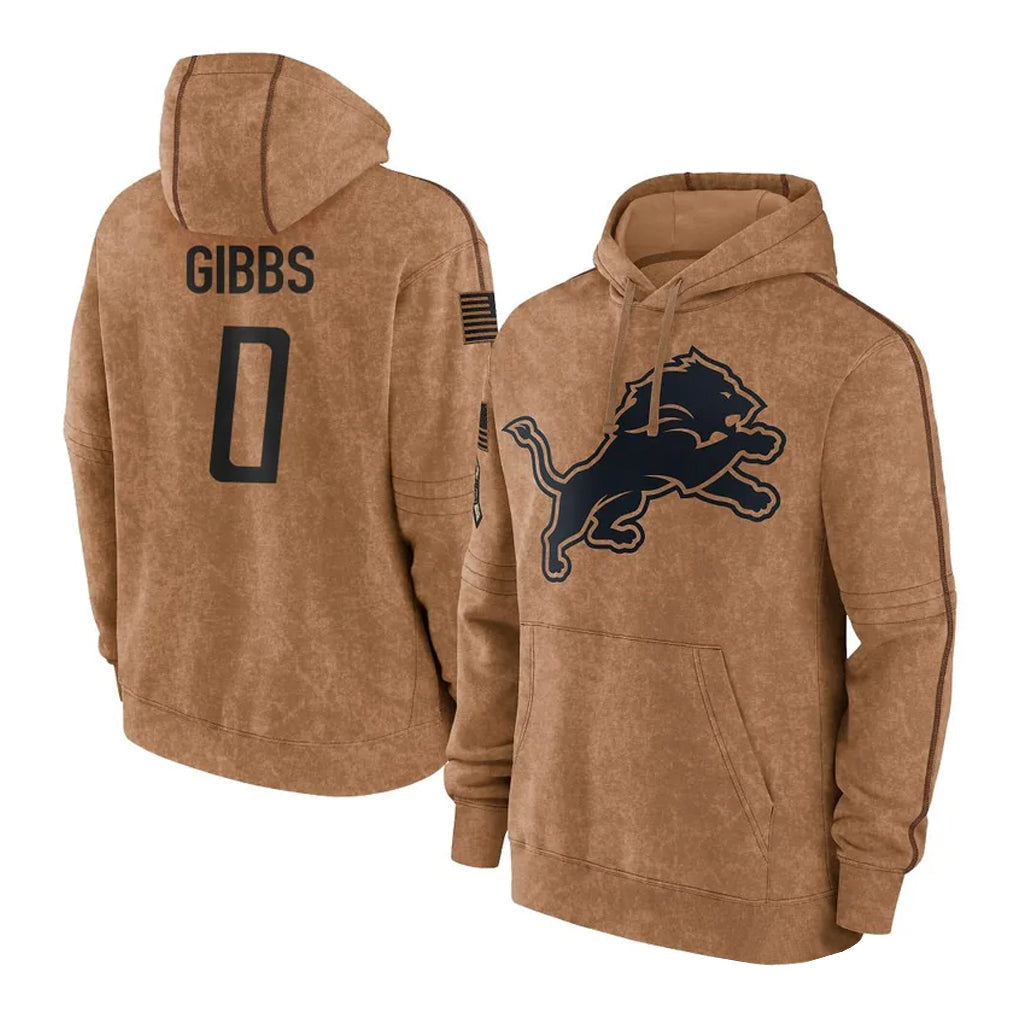 Punc D.Lions #0 Jahmyr Gibbs Player Brown Salute to Service Hoodies Limited Game Stitched Jerseys