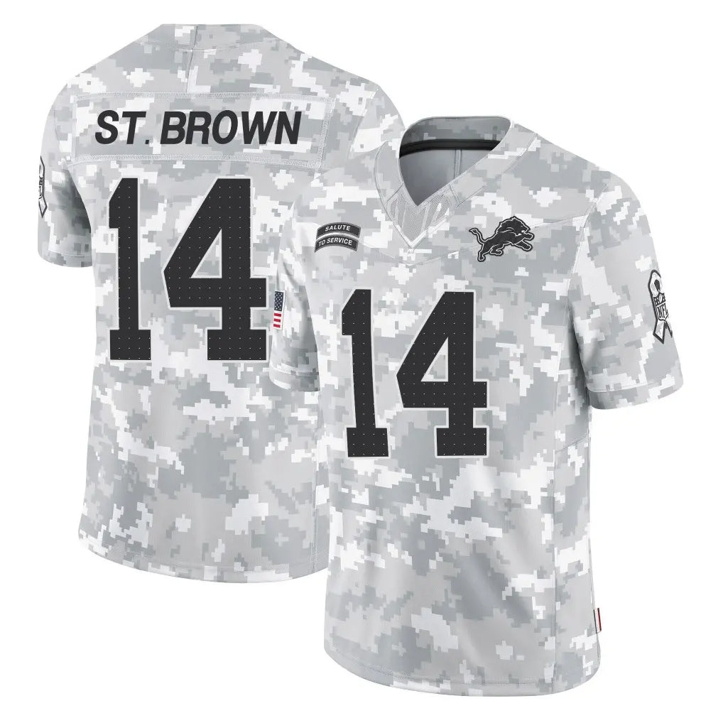 Punc D.Lions #14 Amon-Ra St. Brown Player Arctic Camo Salute To Service Limited Stitched Jerseys