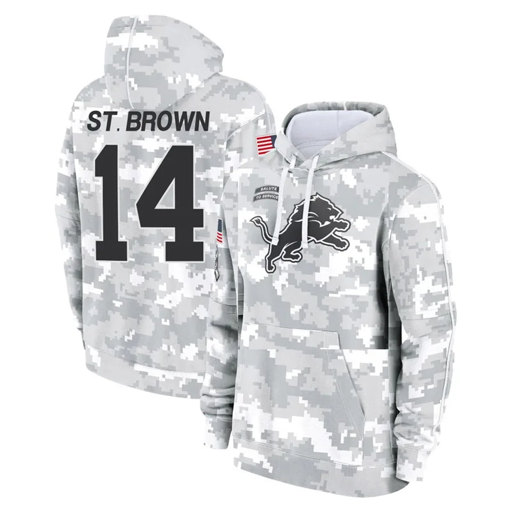 Punc D.Lions #14 Amon-Ra St. Brown Player Arctic Camo Salute to Service Hoodies Limited Game Stitched Jerseys