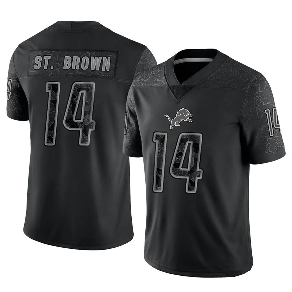 Punc D.Lions #14 Amon-Ra St. Brown Player Black REFLECTIVE Limited Stitched Jerseys