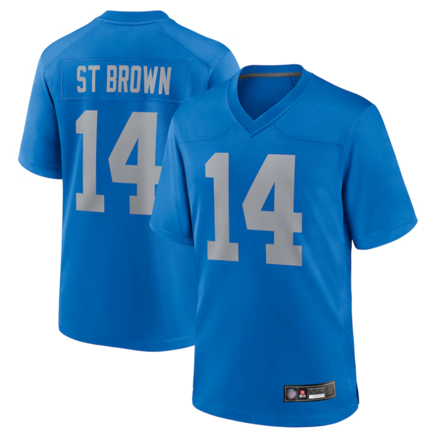 Punc D.Lions #14 Amon-Ra St. Brown Player Blue Game Replica Stitched Jerseys