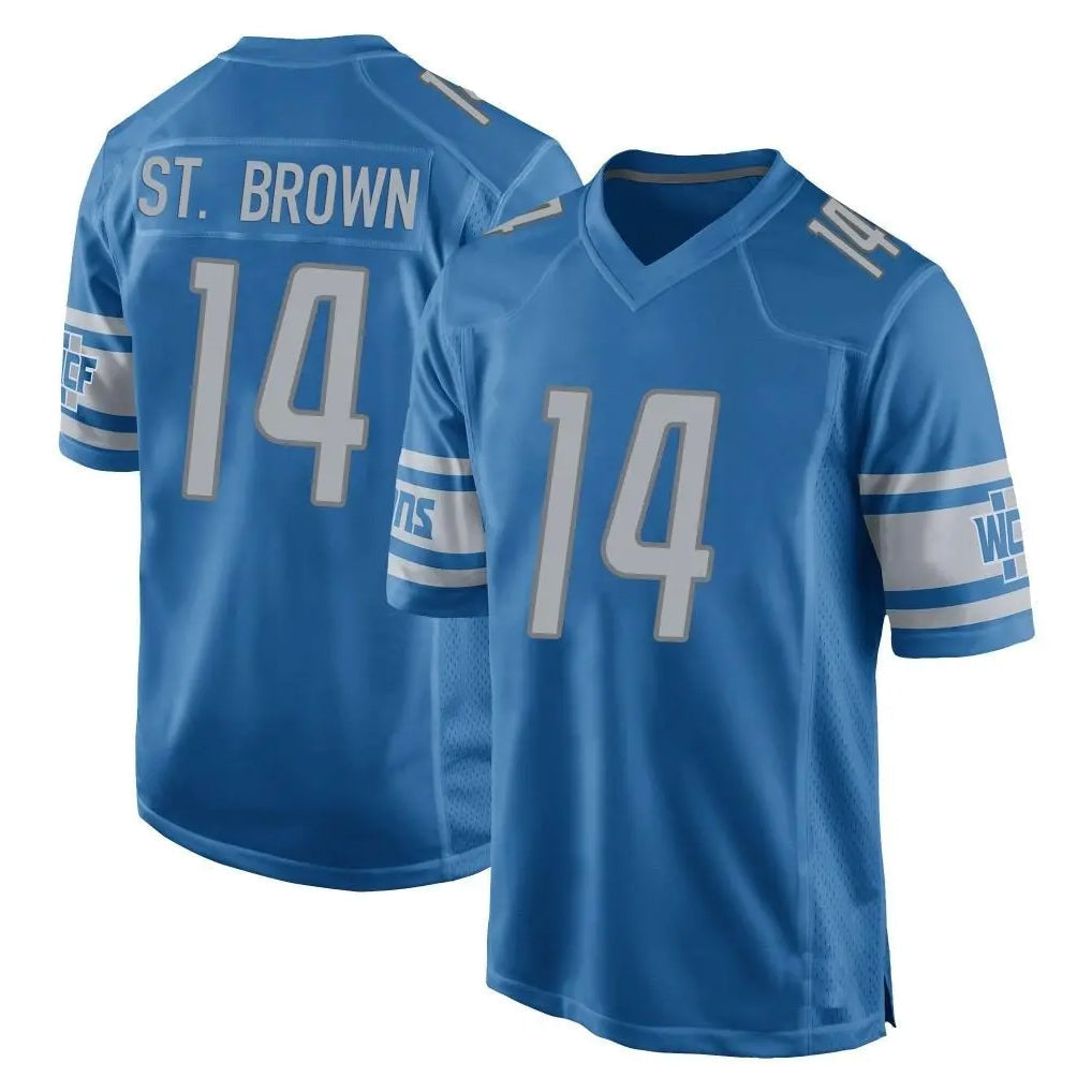 Punc D.Lions #14 Amon-Ra St. Brown Player Blue Home Game Stitched Jerseys