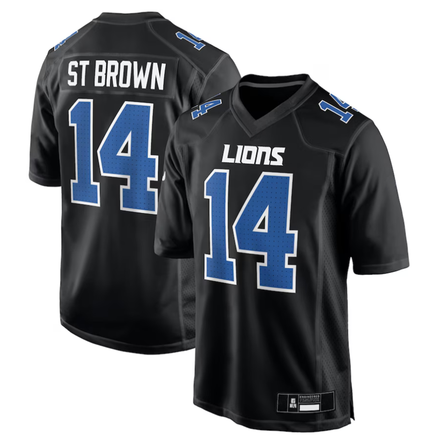 Punc D.Lions #14 Amon-Ra St. Brown Player Carbon Black Fashion Stitched Jerseys
