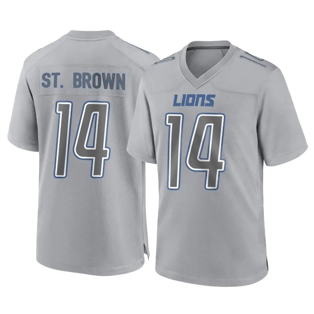 Punc D.Lions #14 Amon-Ra St. Brown Player Gray Atmosphere Fashion Home Game Stitched Jerseys