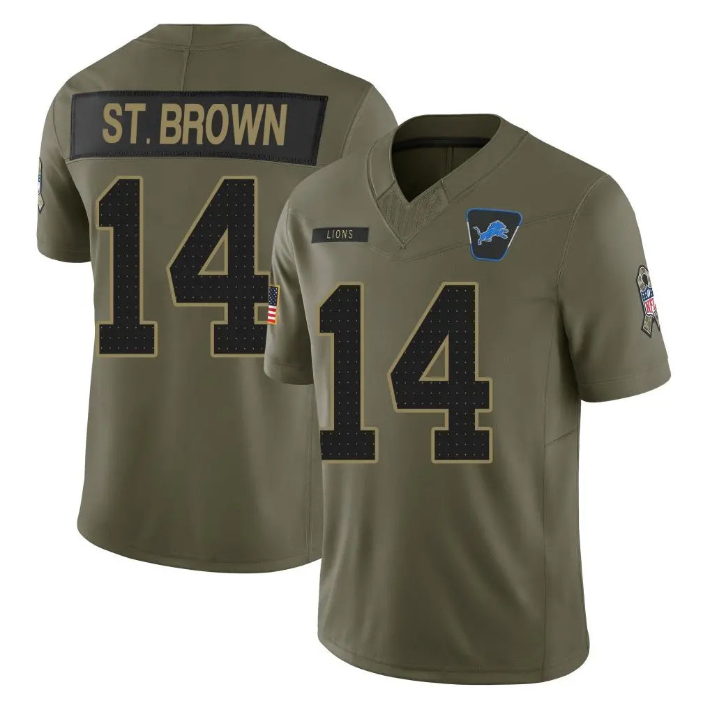 Punc D.Lions #14 Amon-Ra St. Brown Player Olive 2025 Salute To Service Limited Home Game Stitched Jerseys