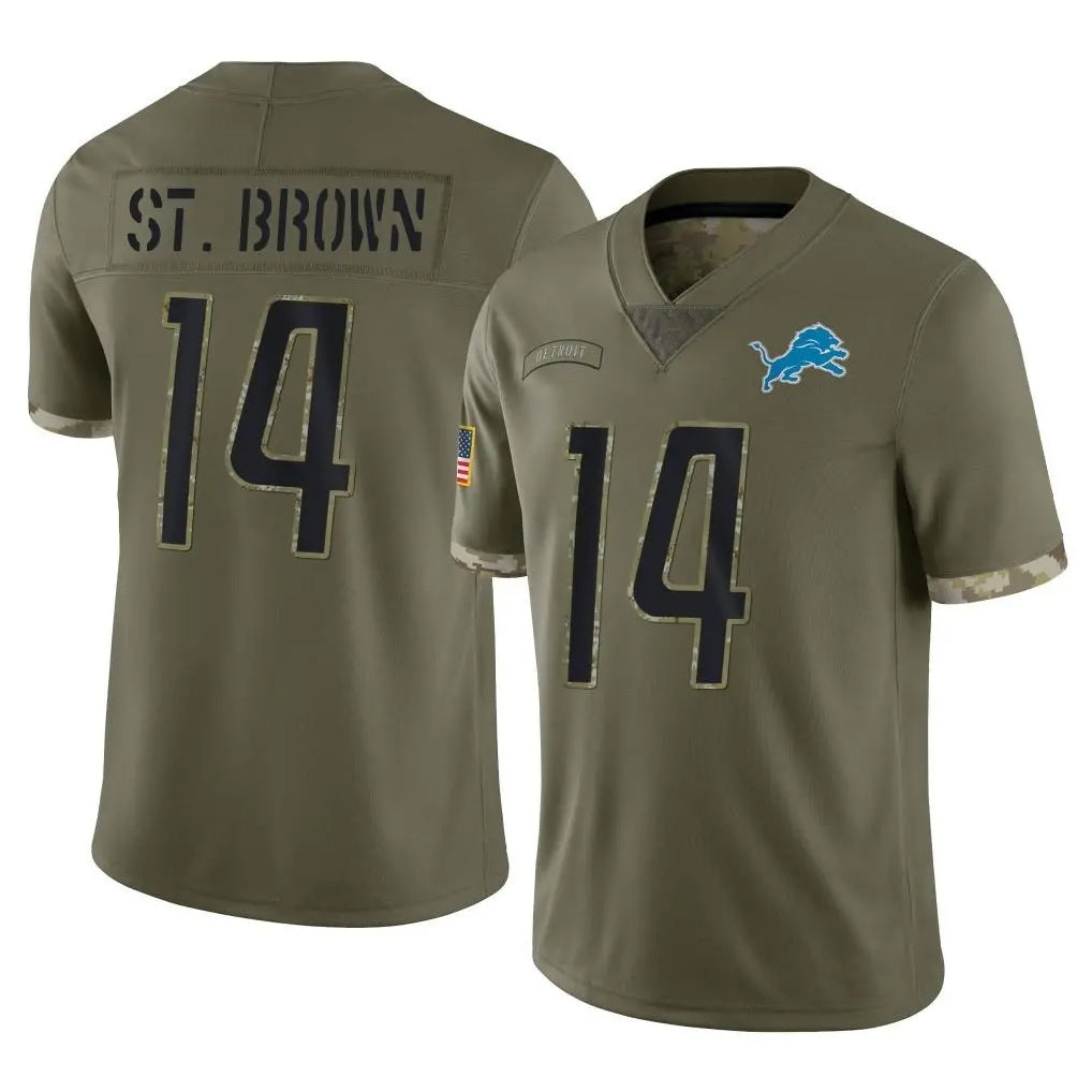 Punc D.Lions #14 Amon-Ra St. Brown Player Salute To Service Limited Olive Stitched Jerseys