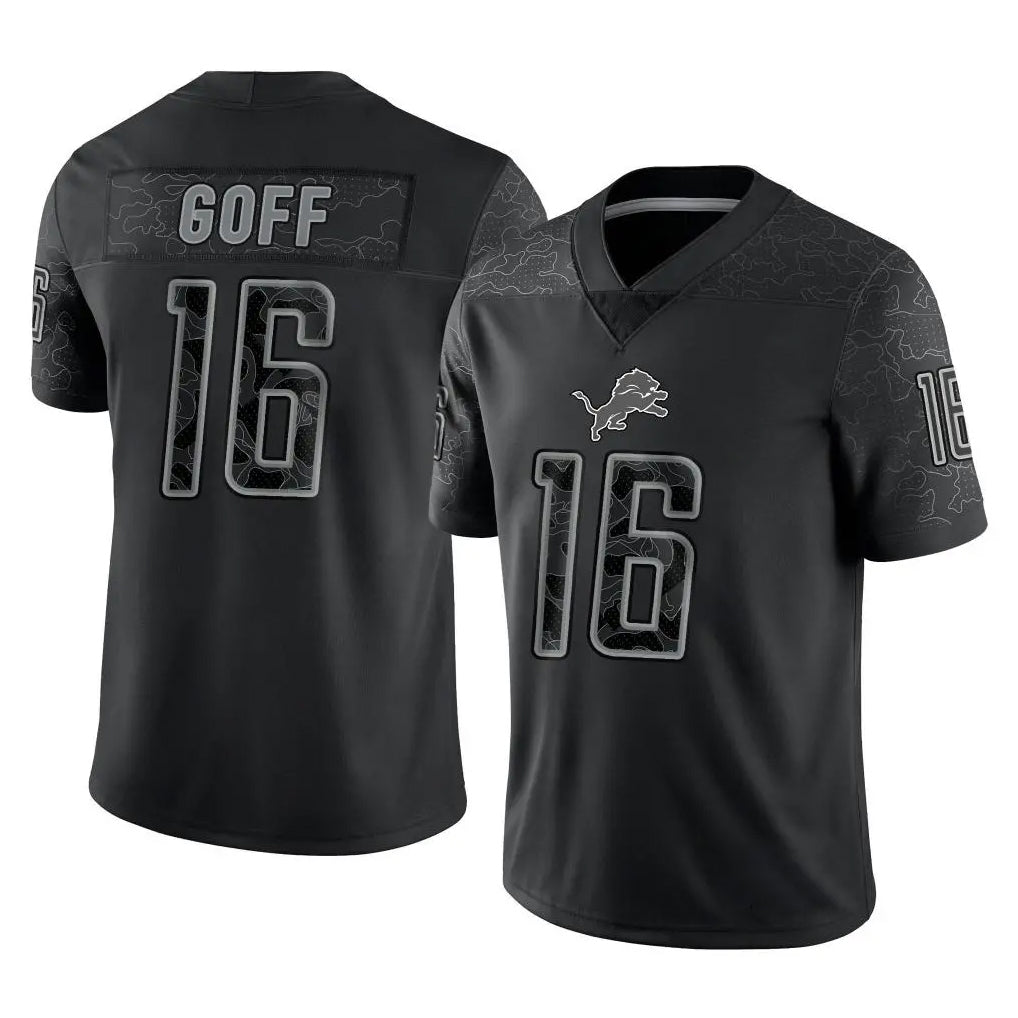 Punc D.Lions #16 Jared Goff Player Black REFLECTIVE Limited Stitched Jerseys