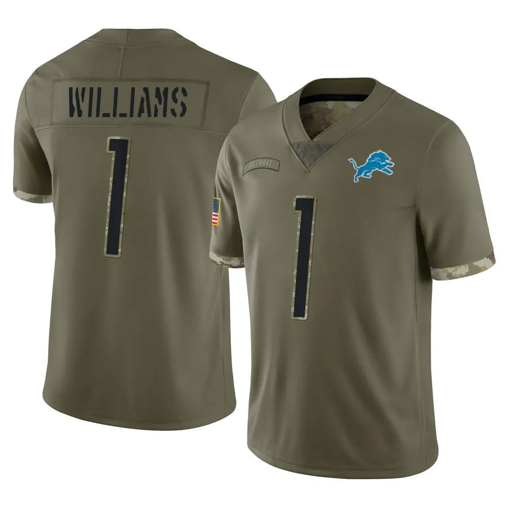 Punc D.Lions #1 Jameson Williams Player Olive Salute To Service Limited Stitched Jerseys
