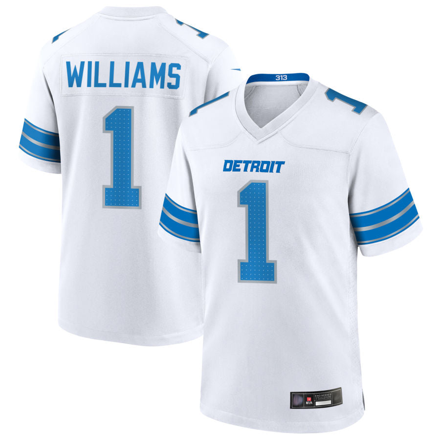 Punc D.Lions #1 Jameson Williams Player White Home Game Football Jerseys