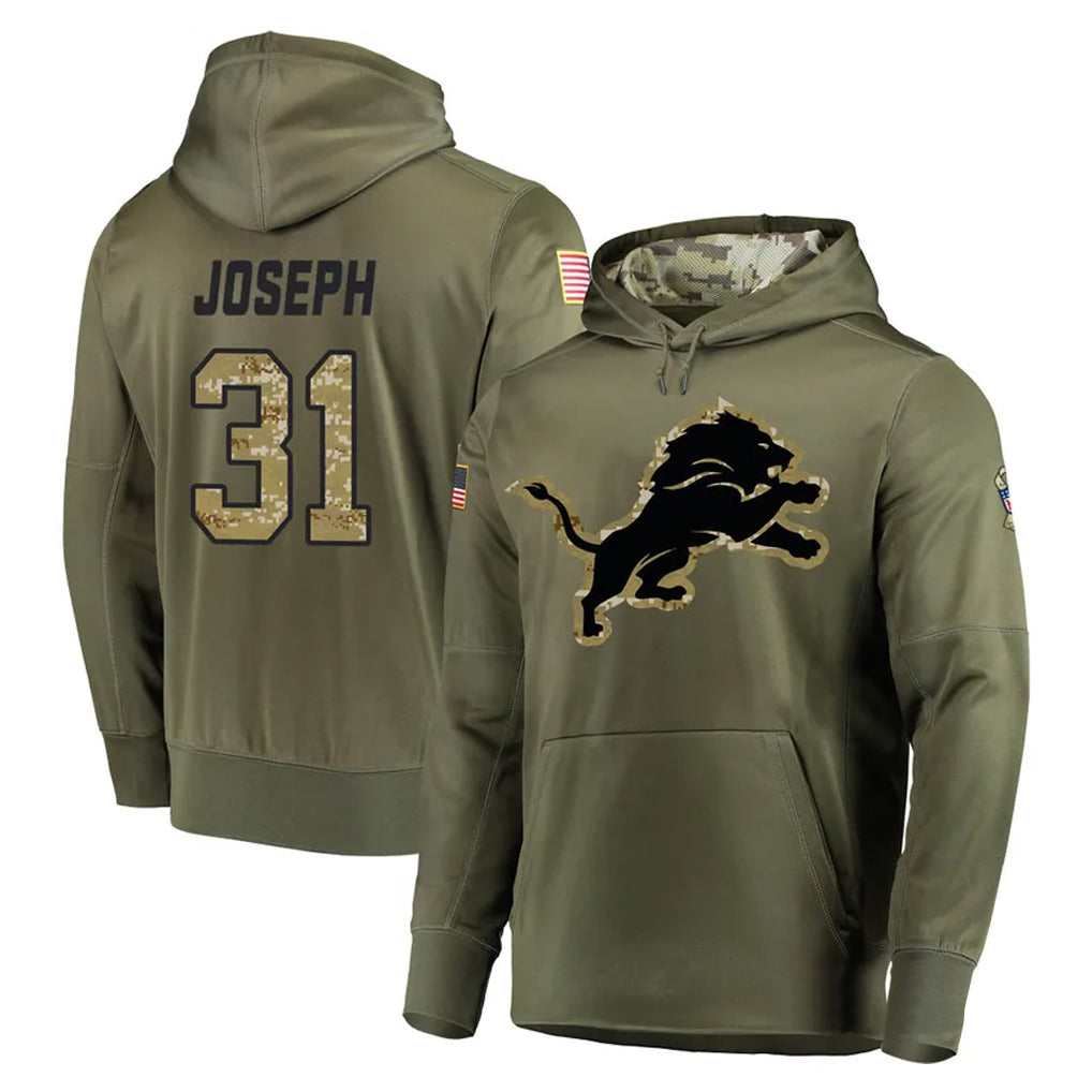 Punc D.Lions #31 Kerby Joseph Player Olive Salute to Service Pullover Hoodies Home Game Stitched Jerseys