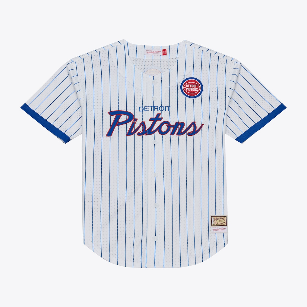 Punc D.Pistons Mitchell & Ness White Head Coach Pinstripe Mesh Full-Button Baseball Jerseys