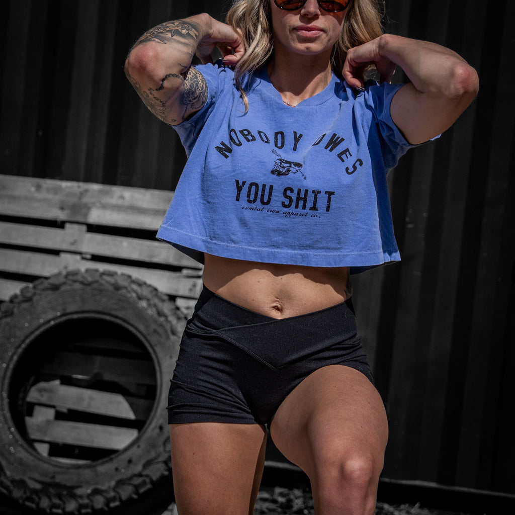 Crovyie cheap jerseys Ordering Nobody Owes You Shit Skull Women's Crop Heavyweight Tee