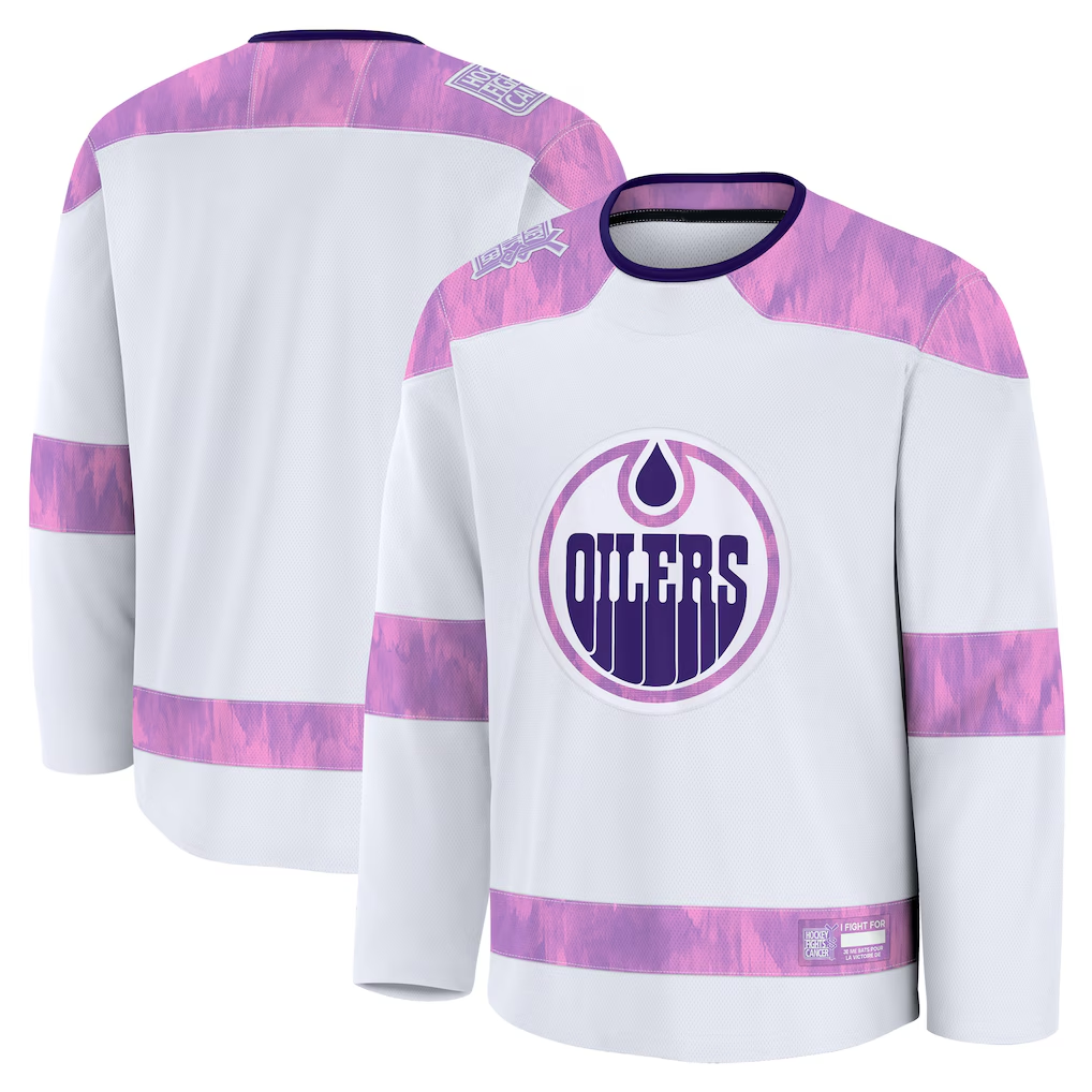 Punc E.Oilers White 2024 Hockey Fights Cancer Practice Jerseys