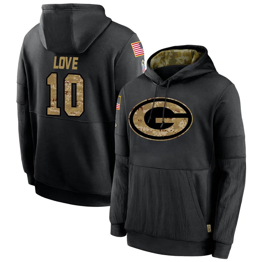Punc GB.Packers #10 Jordan Love Player Olive Salute to Service Pullover Hoodie Game Stitched Jerseys