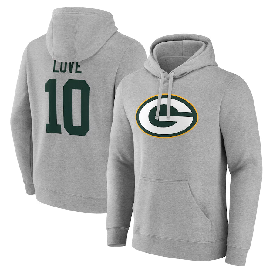 Punc GB.Packers #10 Jordan Love Player Gray Pullover Hoodie Game Stitched Jerseys