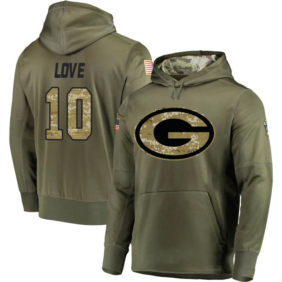 Punc GB.Packers #10 Jordan Love Player Olive Salute to Service Pullover Hoodie Game Stitched Jerseys