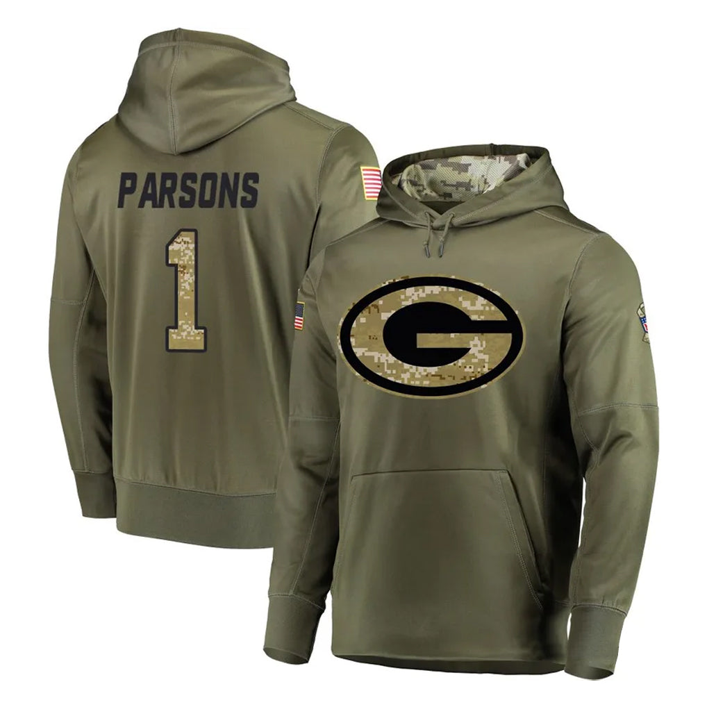 Punc GB.Packers #1 Micah Parsons Player Olive Salute to Service Pullover Hoodies Home Game Stitched Jerseys