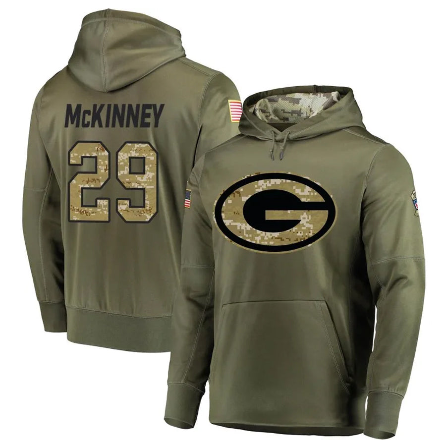 Punc GB.Packers #29 Xavier McKinney Player Olive Salute to Service Pullover Hoodie Game Stitched Jerseys