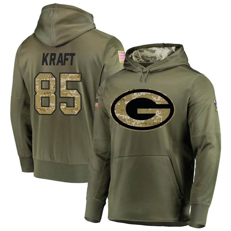 Punc GB.Packers #85 Tucker Kraft Player Olive Salute to Service Pullover Hoodie Game Stitched Jerseys