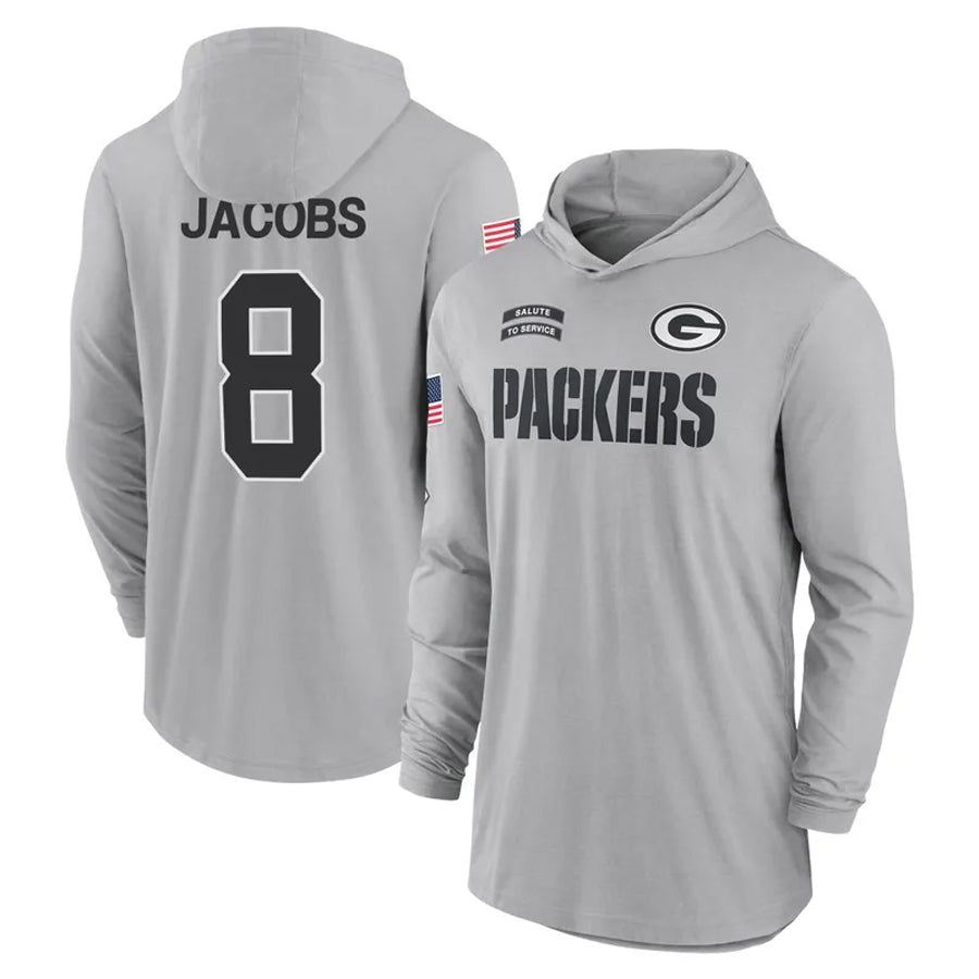 Punc GB.Packers #8 Josh Jacobs Player Gray Salute to Service Hoodies Game Stitched Jerseys