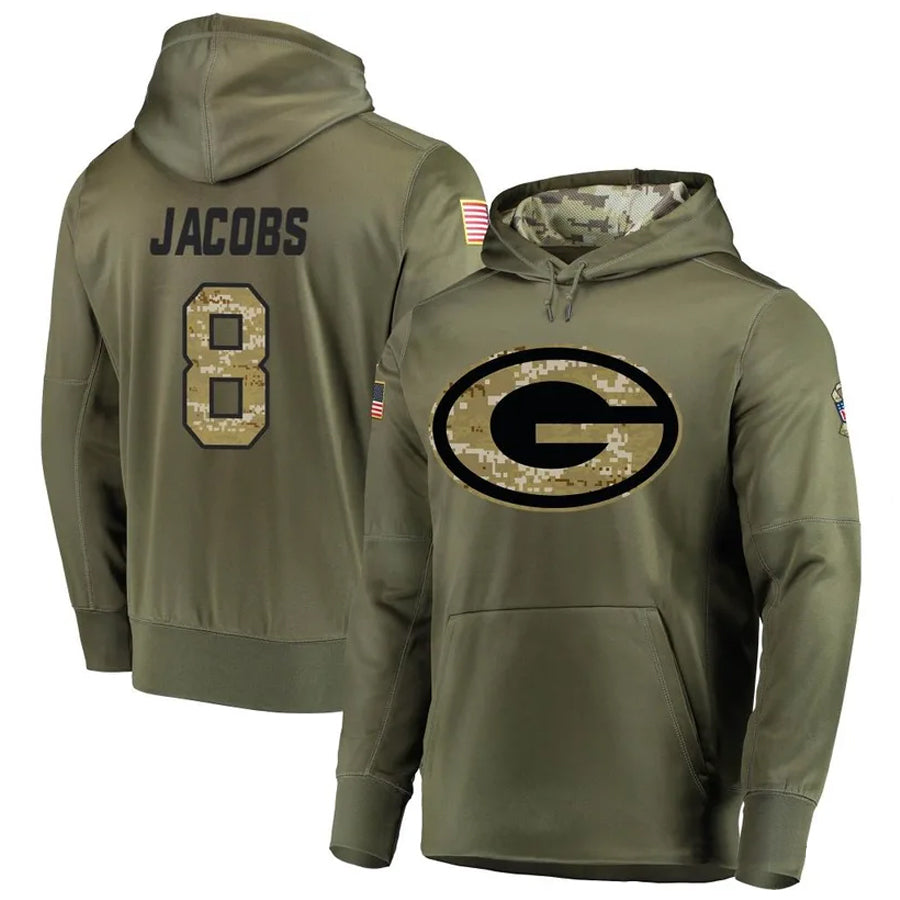 Punc GB.Packers #8 Josh Jacobs Player Olive Salute to Service Pullover Hoodie Game Stitched Jerseys
