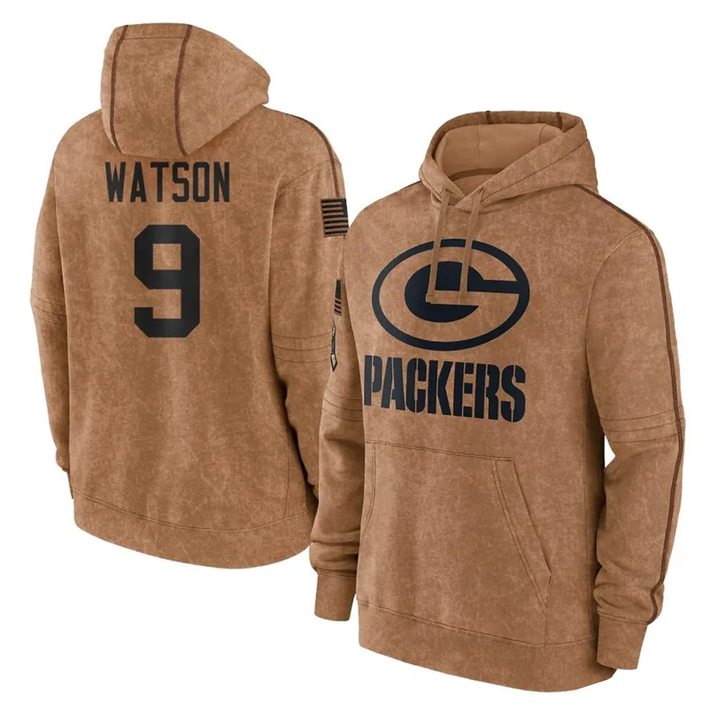 Punc GB.Packers #9 Christian Watson Player Brown Salute to Service Hoodies Limited Game Stitched Jerseys
