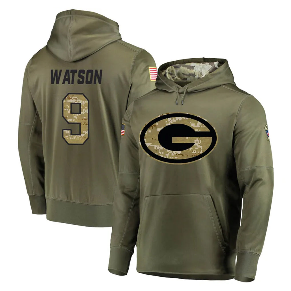 Punc GB.Packers #9 Christian Watson Player Olive Salute to Service Pullover Hoodies Home Game Stitched Jerseys