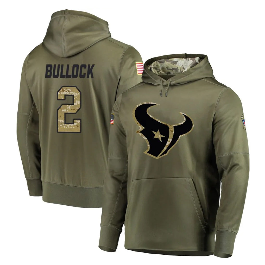 Punc H.Texans #2 Calen Bullock Player Olive Salute to Service Pullover Hoodies Home Game Stitched Jerseys
