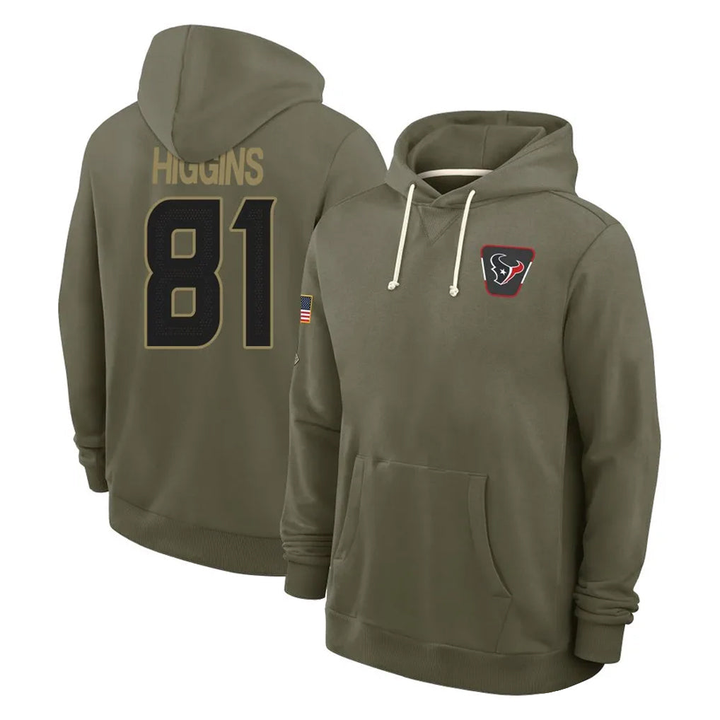 Punc H.Texans #81 Jayden Higgins Player Olive Salute to Service Pullover Hoodies Limited Stitched Jerseys