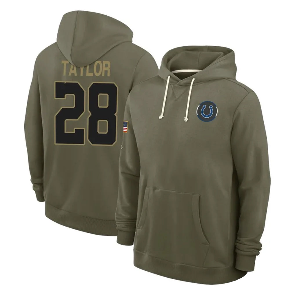 Punc IN.Colts #28 Jonathan Taylor Player Olive Salute to Service Pullover Hoodies Limited Stitched Jerseys