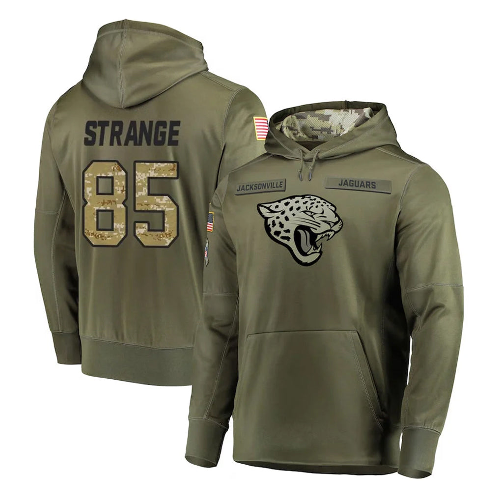 Punc J.Jaguars #85 Brenton Strange Player Olive Salute to Service Pullover Hoodies Home Game Stitched Jerseys