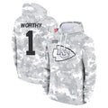 Punc KC.Chiefs #1 Xavier Worthy Player Arctic Camo Salute to Service Hoodies Stitched Jerseys