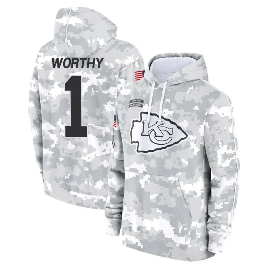 Punc KC.Chiefs #1 Xavier Worthy Player Arctic Camo Salute to Service Hoodies Stitched Jerseys
