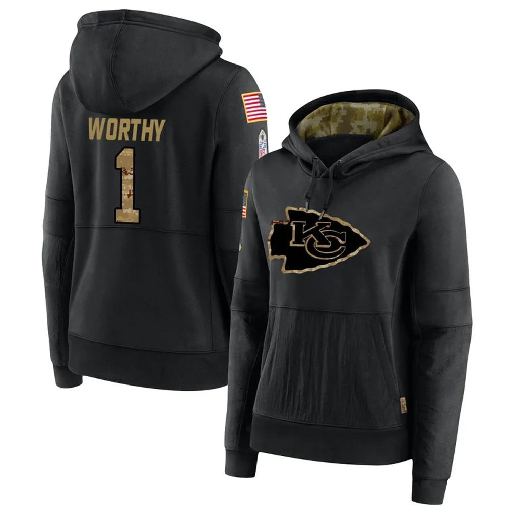 Punc KC.Chiefs #1 Xavier Worthy Player Black Salute to Service Hoodies Stitched Jerseys