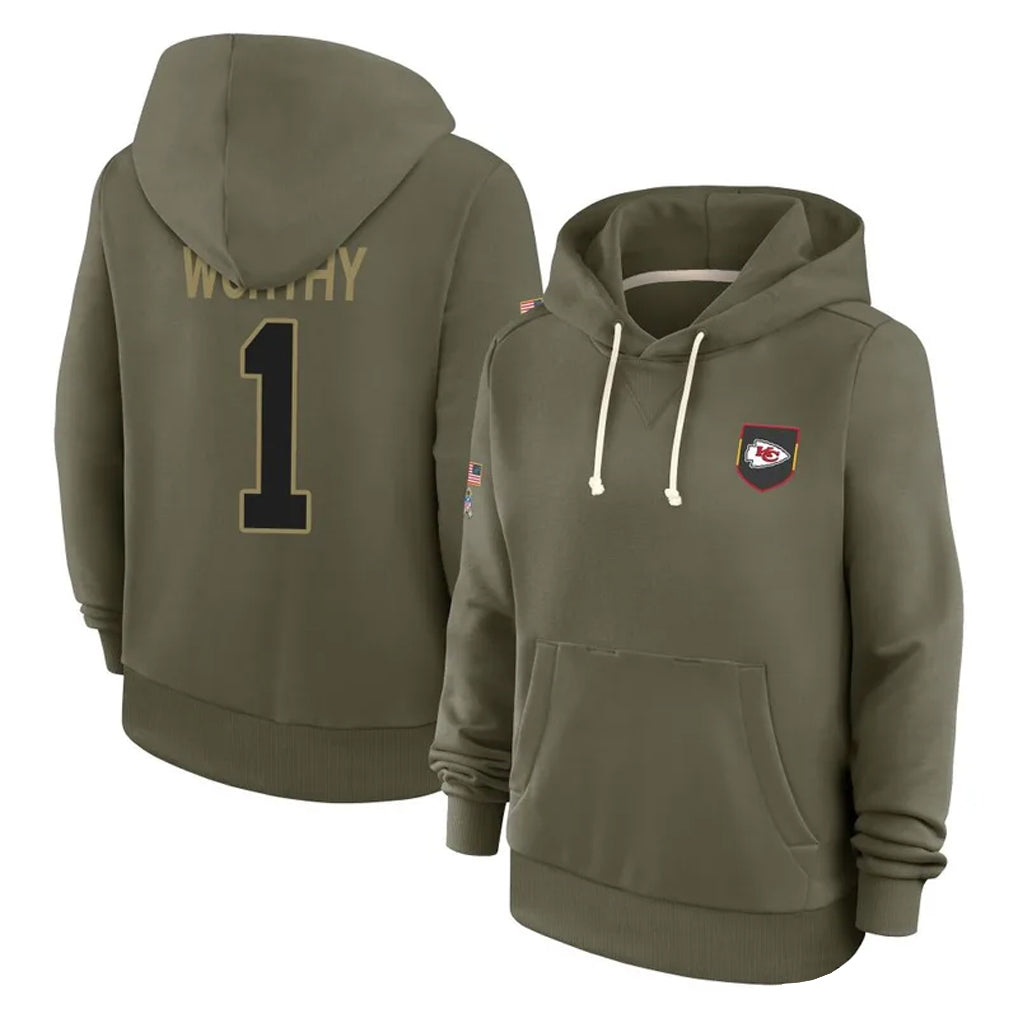 Punc KC.Chiefs #1 Xavier Worthy Player Olive Salute to Service Hoodies Stitched Jerseys