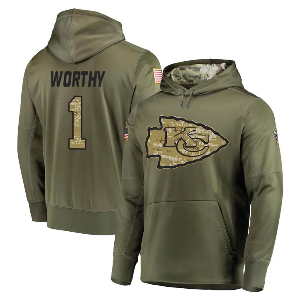 Punc KC.Chiefs #1 Xavier Worthy Player Olive Salute to Service Pullover Hoodies Home Game Stitched Jerseys