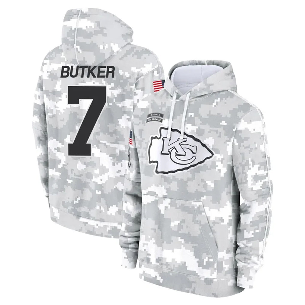 Punc KC.Chiefs #7 Harrison Butker Player Arctic Camo Salute to Service Hoodies Stitched Jerseys