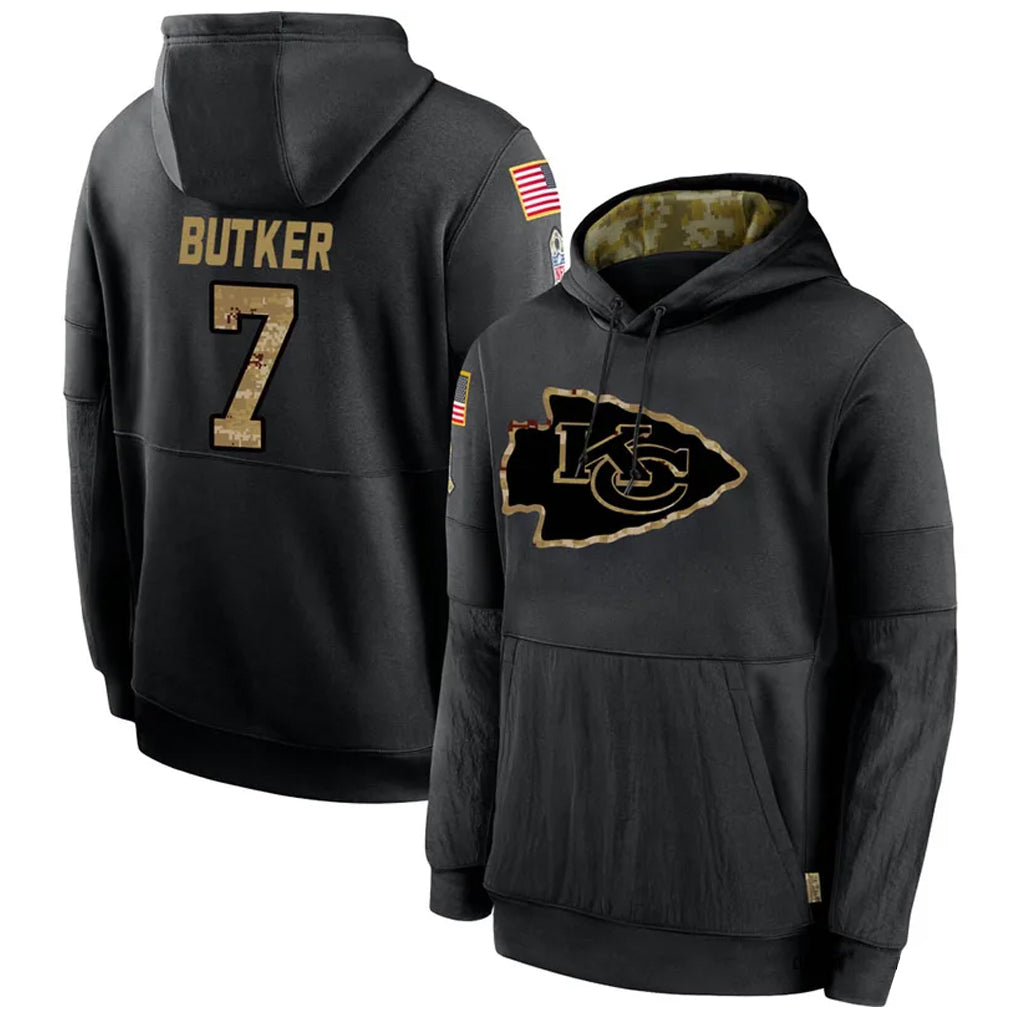 Punc KC.Chiefs #7 Harrison Butker Player Black Salute to Service Hoodies Stitched Jerseys