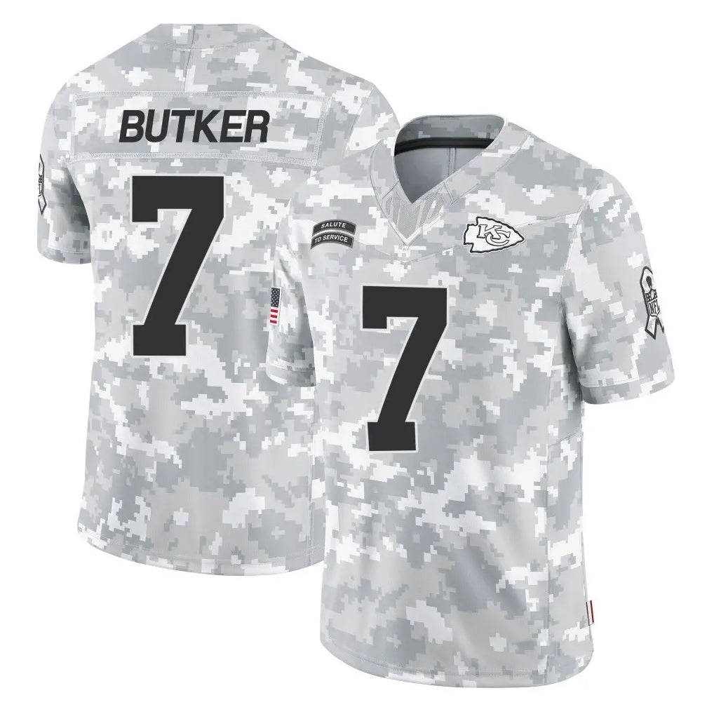 Punc KC.Chiefs #7 Harrison Butker Player Limited Arctic Camo Salute to Service Stitched Jerseys