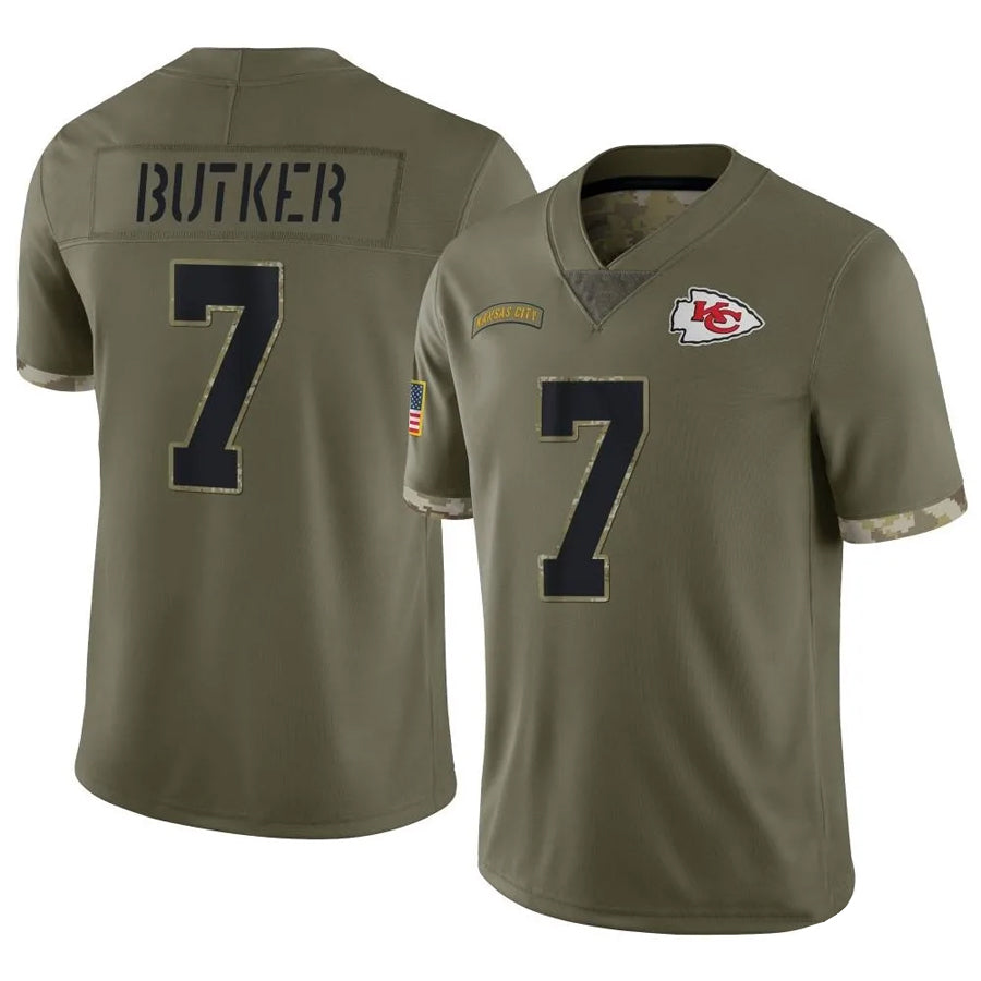 Punc KC.Chiefs #7 Harrison Butker Player Olive Salute To Service Stitched Jerseys