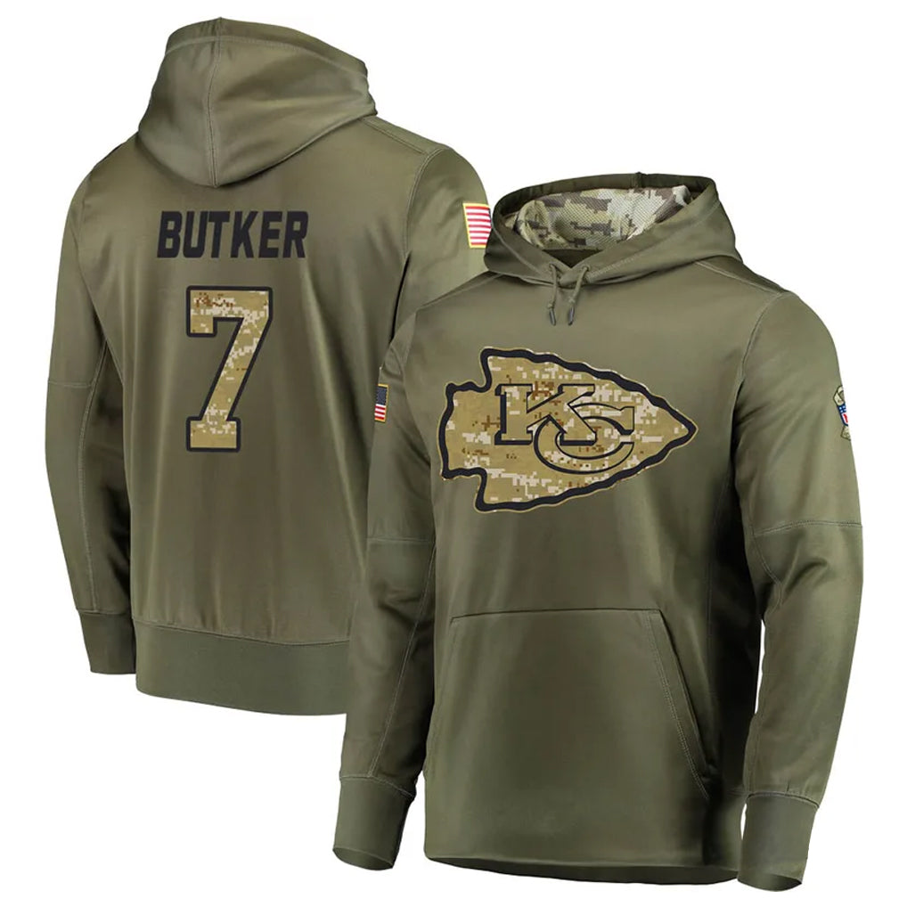 Punc KC.Chiefs #7 Harrison Butker Player Salute to Service Limited Olive Hoodies Stitched Jerseys
