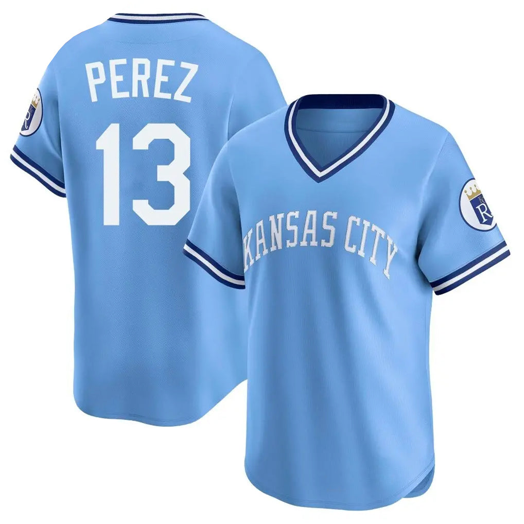 Punc KC.Royals #13 Salvador Perez Player Light Blue Limited Throwback Cooperstown Collection T-shirt Stitched Jerseys