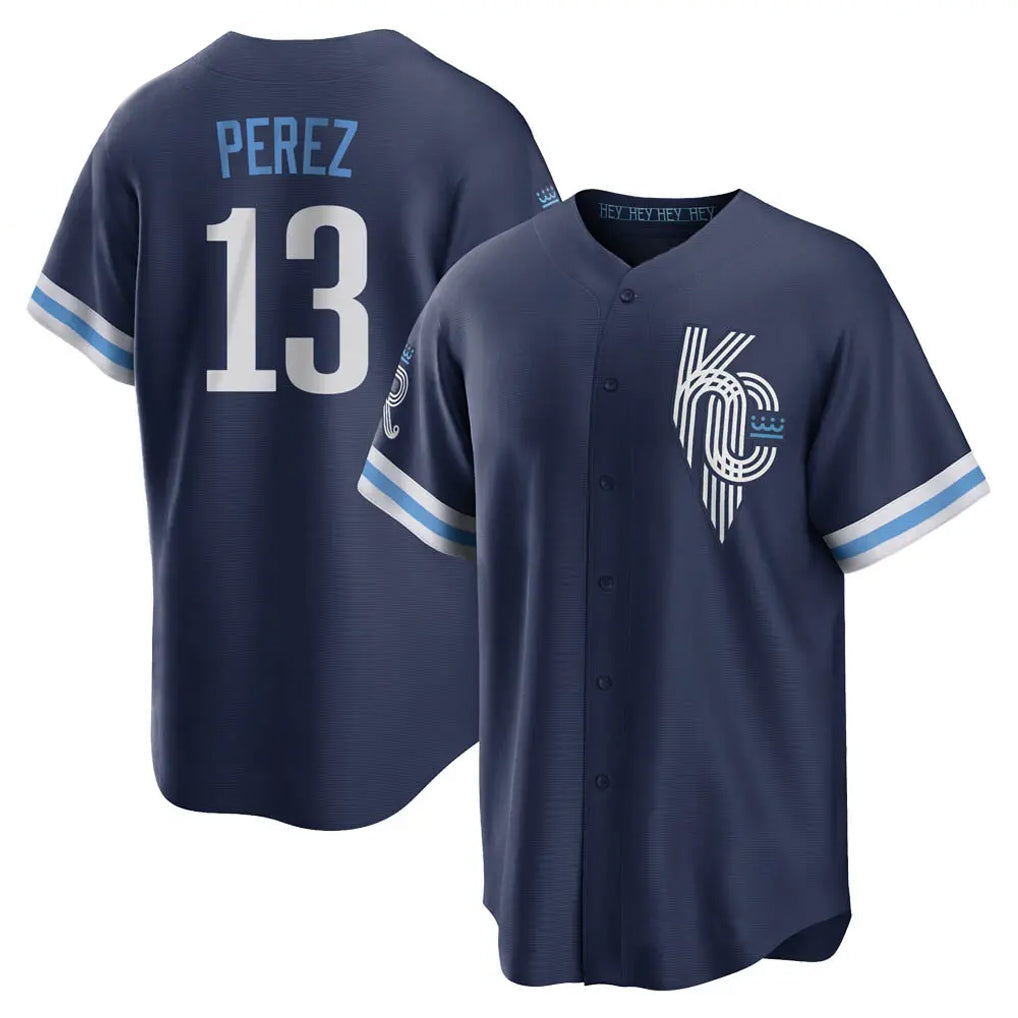 Punc KC.Royals #13 Salvador Perez Player Navy City Connect Home Game Stitched Jerseys